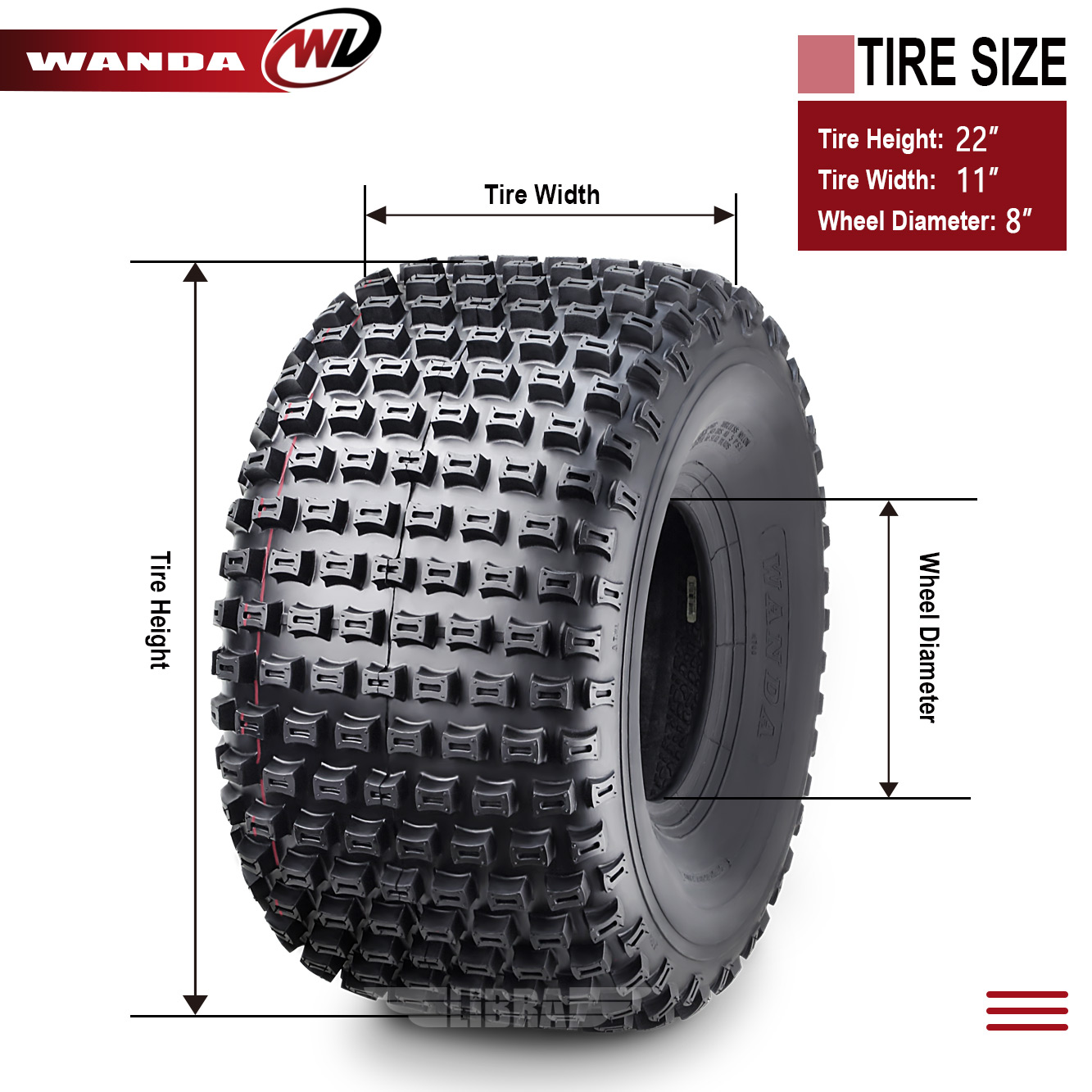 Set Of 2 WANDA ATV Tires 22x11-8 4PR P322 Dimple Knobby - Front Or Rear
