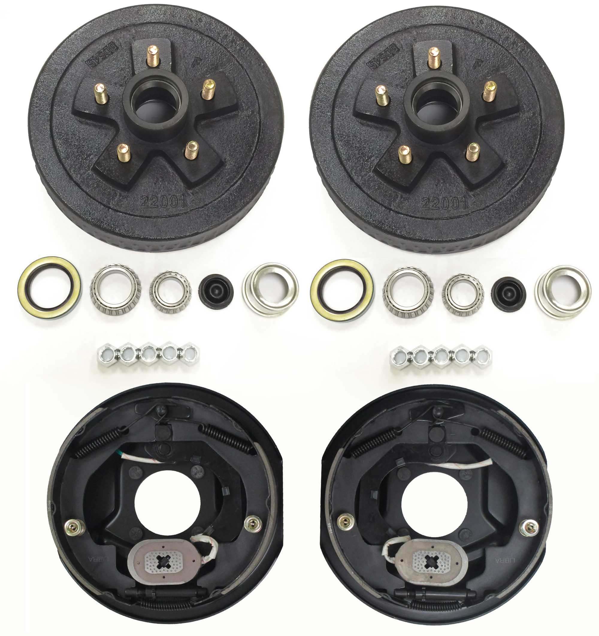 2-Pk 10 inch x 2 Trailer Brake Hub Drum Kit w/Bearings Seal Cap Lugs 5 on 4.75 