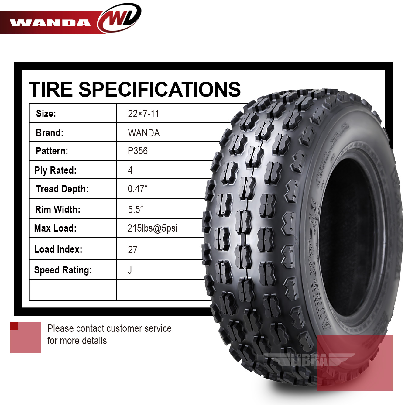 WANDA P356 ATV Tire 22x7-11 – Front GNCC Racing For Honda Recon 250, Suzuki Ozark 250