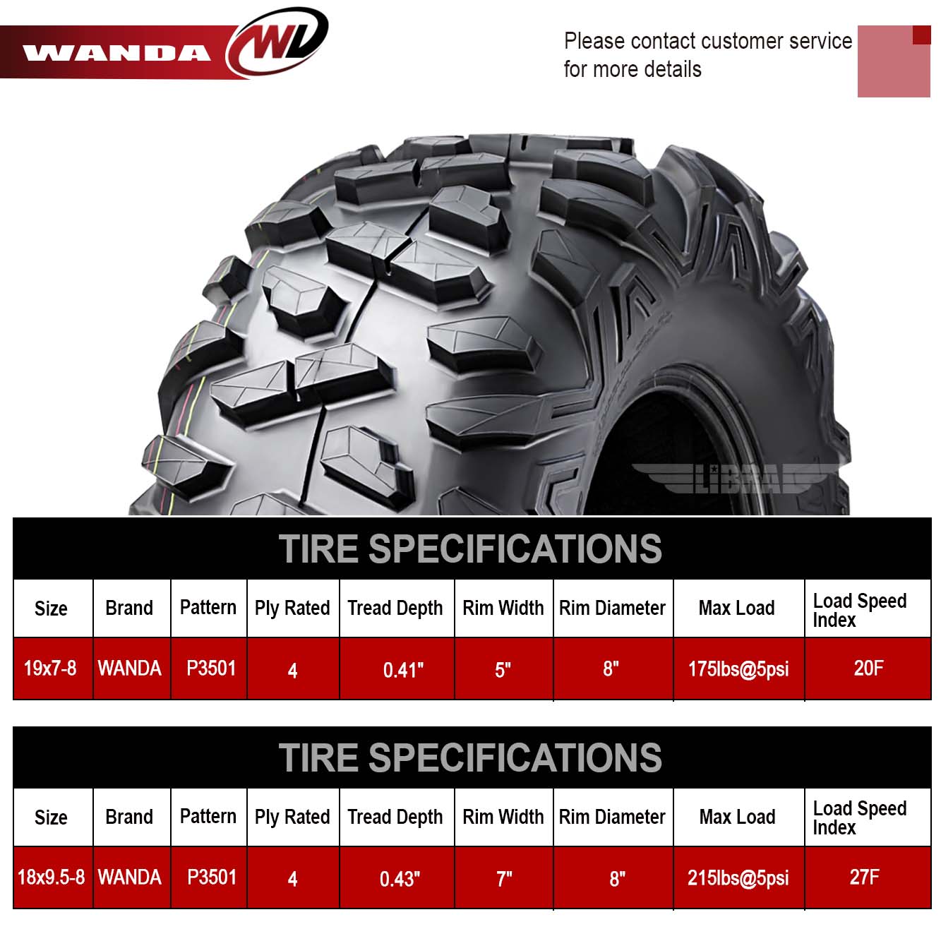 thumbnail image 2 of Set Of 4 WANDA ATV Tires – 19x7-8 Front & 18x9.5-8 Rear Big Horn Style 4PR 2 of 4